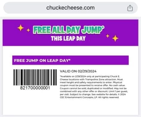 Free All Day Jump Pass at Chuck E. Cheese on February 29th 1 image 1