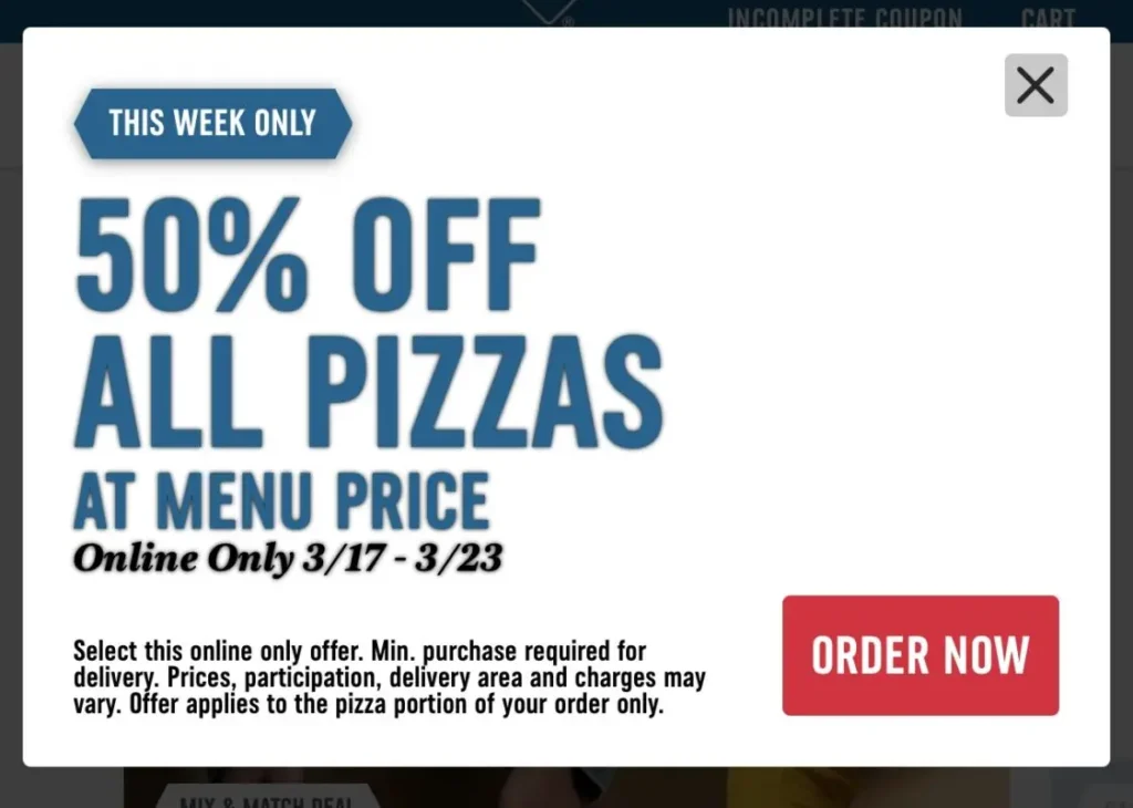 Domino’s Pizza – 50% Off All Menu-Priced Pizzas Ordered Online (March 17–23) 2025