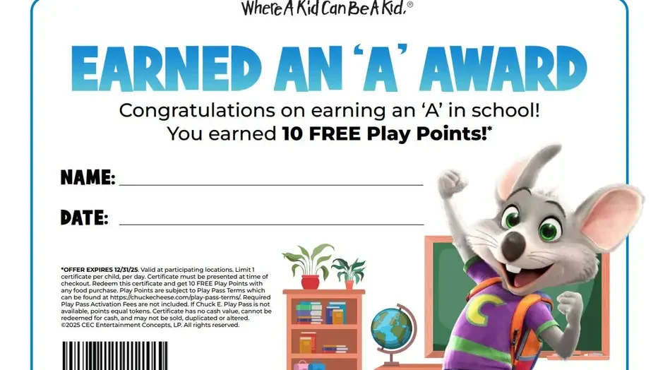 Report Card Freebies for Kids – Get Free Food & Rewards for Good Grades 2 chuck e cheese