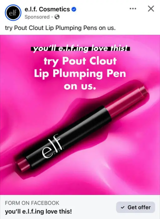 Possible Free Sample of e.l.f. Pout Clout Lip Plumping Pen 2 e.l.f. Pout Clout Lip Plumping Pen Sample ad on Facebook
