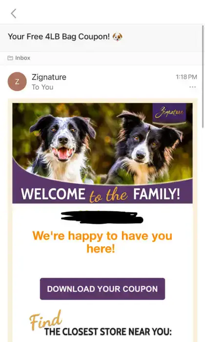 Snag a FREE 4lb Bag of Zignature Dog Food!