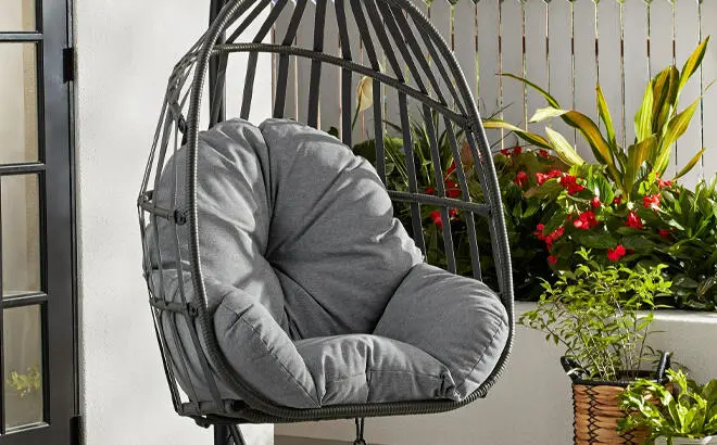 Mainstays Wicker Outdoor Patio Hanging Egg Chair with Gray Olefin Cushion and Black Metal Stand