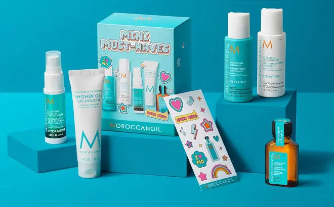 Moroccanoil Mini Must Haves Deluxe Sampler Set on the Blue Table
