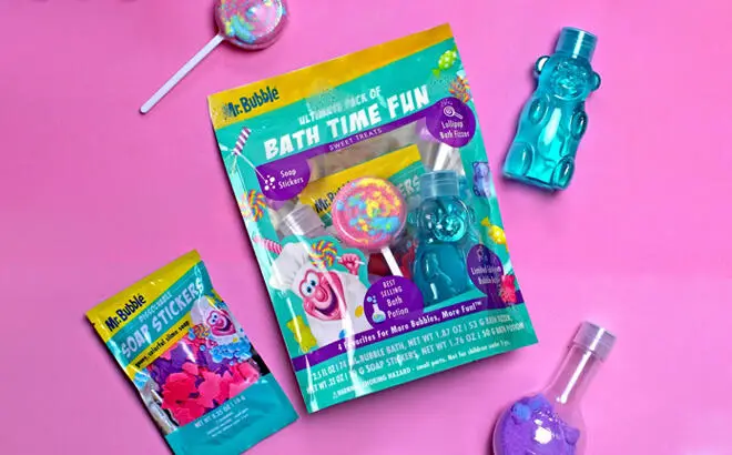 Mr. Bubble Ultimate Pack of Bath Time Fun on the Pink Background