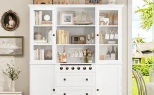 Harriet Bee Kirklyn Wooden Pantry Cabinet with Wine Rack in White Color