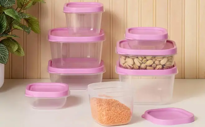 Room Essentials 16 Piece Plastic Food Storage Container Set on a Countertop