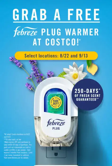 Free Febreze Plug Warmer at Costco on August 22nd & September 13th!