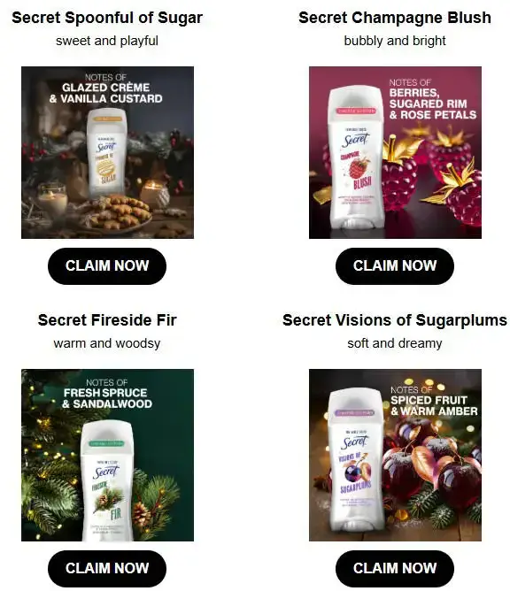 Free Secret Deodorant Sticks in Holiday Scents from PINCHme