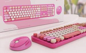 SkyGive Retro Wireless Keyboard and Mouse Set in Cherry Pink Color