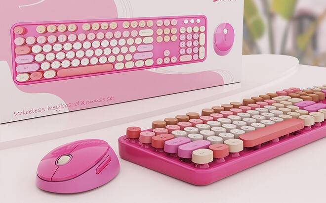 SkyGive Retro Wireless Keyboard and Mouse Set in Cherry Pink Color