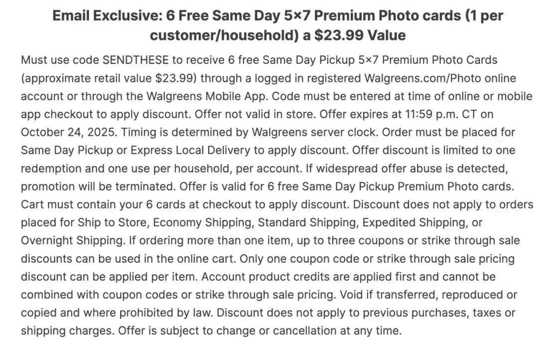 Six FREE 5x7 Photo Cards from Walgreens reg $23.99 (Ends 10/24/25)
