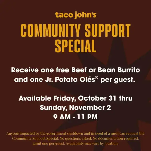 Taco John’s Offers Free Meals to Those Affected by the Government Shutdown
