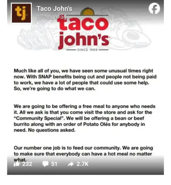Taco John’s Offers Free Meals to Those Affected by the Government Shutdown
