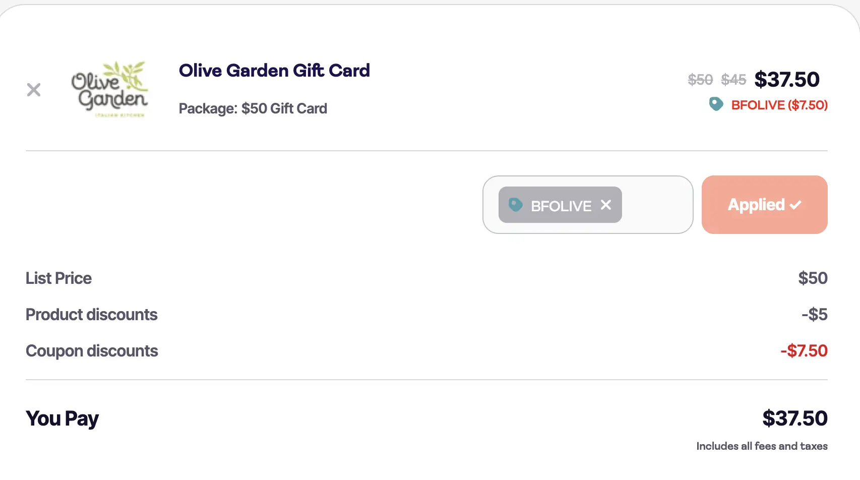 Olive Garden $50 Gift Card for $37.50 (reg $50)