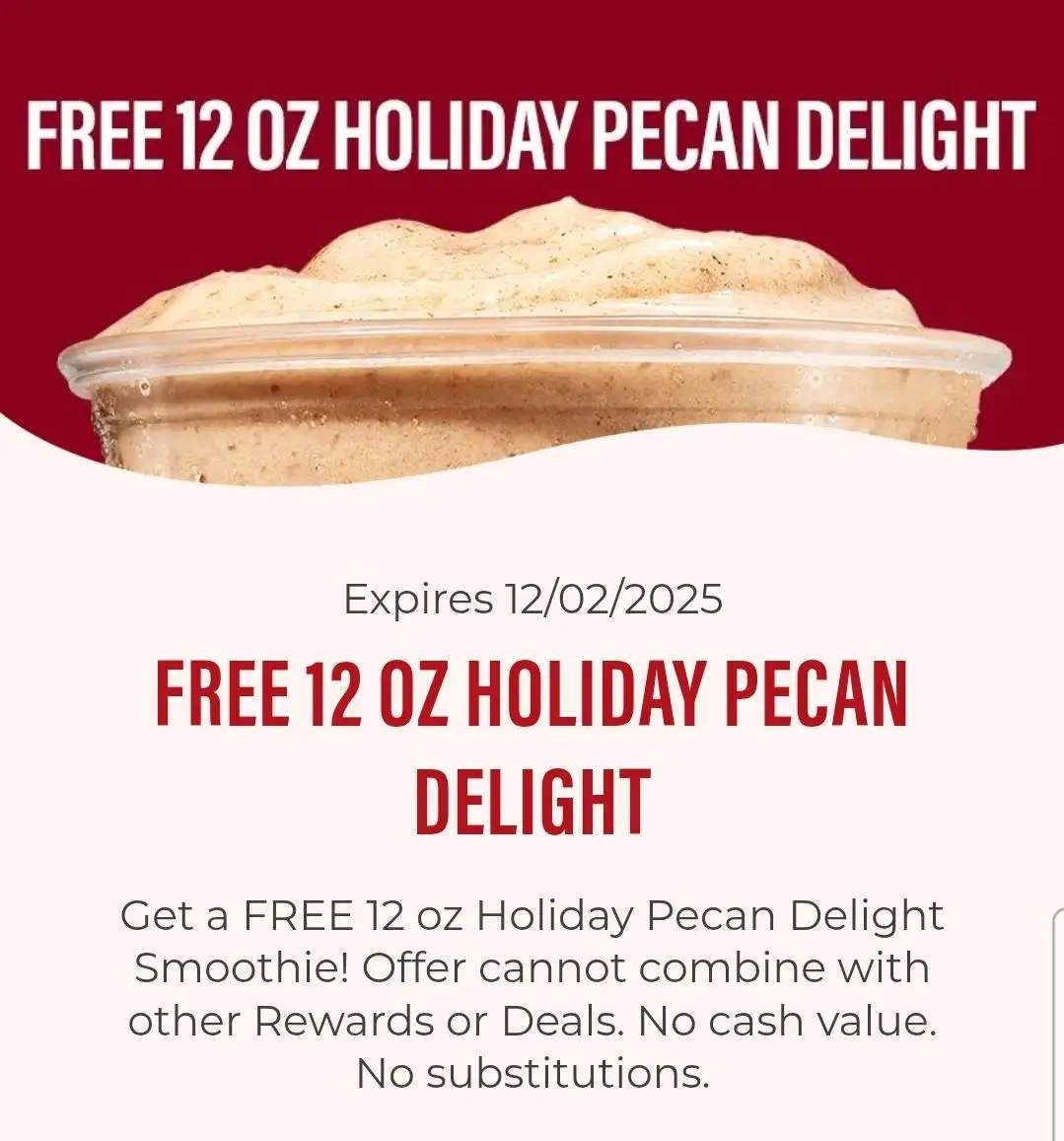 Free Holiday Pecan Smoothie at Smoothie King Today