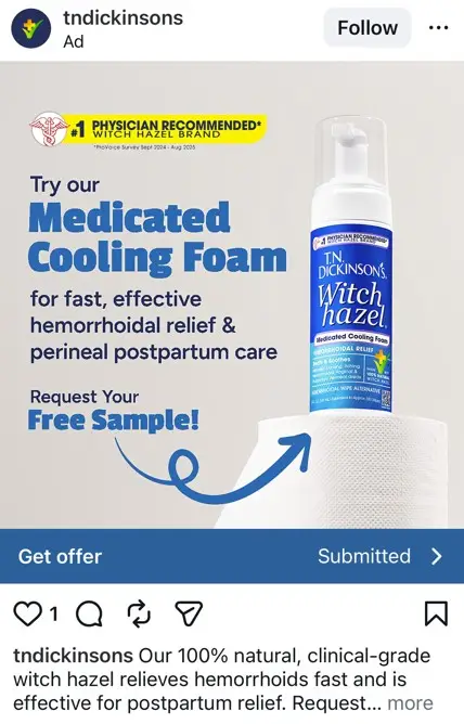 Possible Free Sample of T.N. Dickinson’s Witch Hazel Medicated Cooling Foam