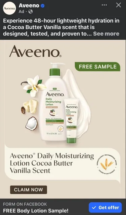 Possible Free Aveeno Cocoa Butter Vanilla Body Lotion Sample